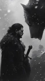 Warrior confronts giant wolf spirit in a frozen blizzard.