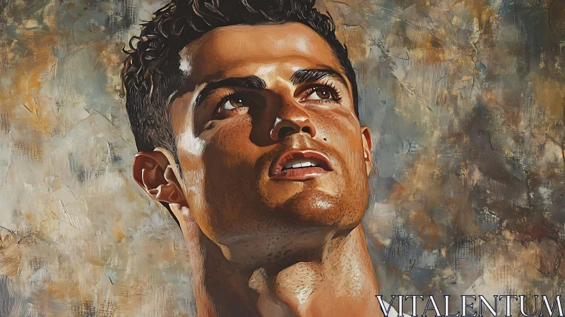 Male portrait painting shows upward gaze with textured background