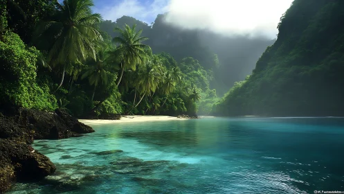 Tropical Cove with Limestone Formations and Dense Vegetation