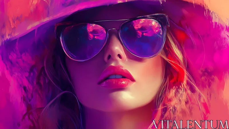 Neon-lit female portrait with mirrored sunglasses and hat glow