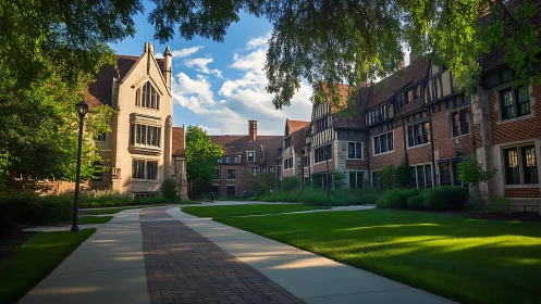 Sunny collegiate courtyard with brick academic buildings.