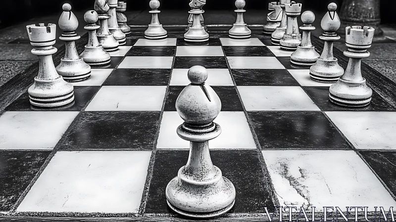 Large outdoor chessboard shows central white pawn in focus