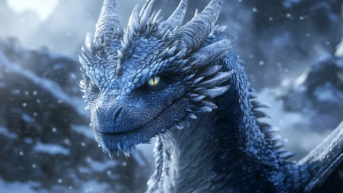 Blue-scaled dragon in snowy mountain environment profile.