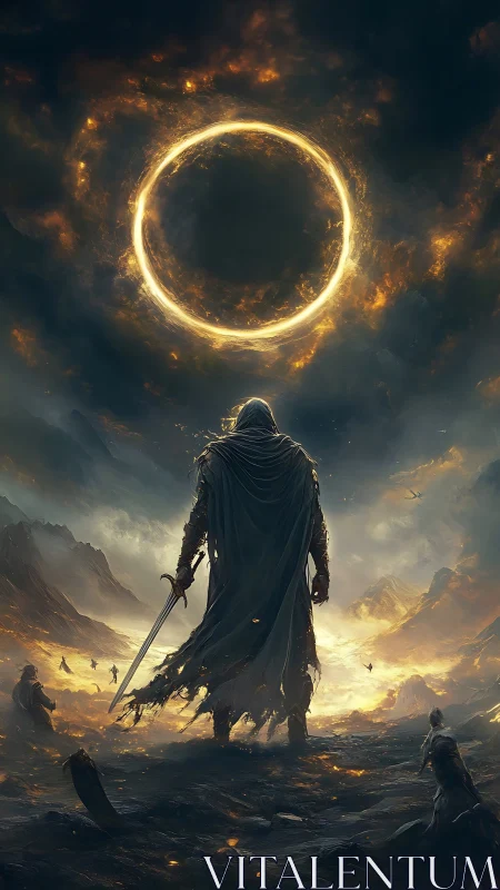 Hooded warrior confronts blazing celestial ring above wasteland