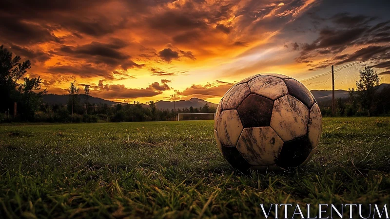 Low-angle sunset field with weathered football foregrounded.