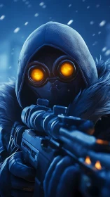 Hooded cyber sniper aims through glowing amber goggles at night