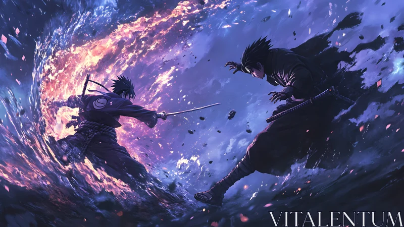 Dynamic anime duel framed by elemental fire vortex composition.