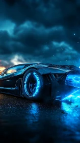 Neon storm chaser car slices midnight rain with blue fire