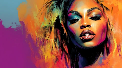 Neon brushstrokes crown a luminous, defiant painted diva