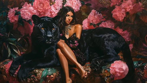 Woman in Elegant Black Gown Poses With Majestic Panthers