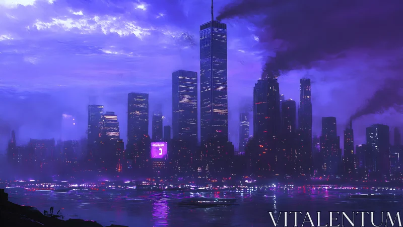 Neon-lit megacity skyline glows through violet industrial haze