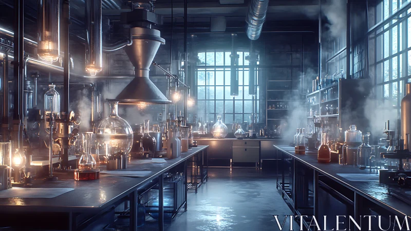 Moody industrial chemistry lab with glowing glassware.