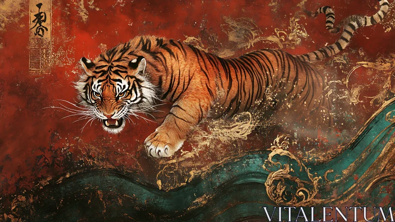 Roaring ember tiger leaping through crimson storm tides.