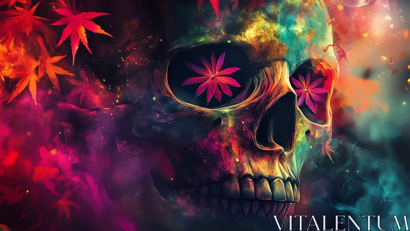 Neon skull merges floral forms with swirling cosmic smoke