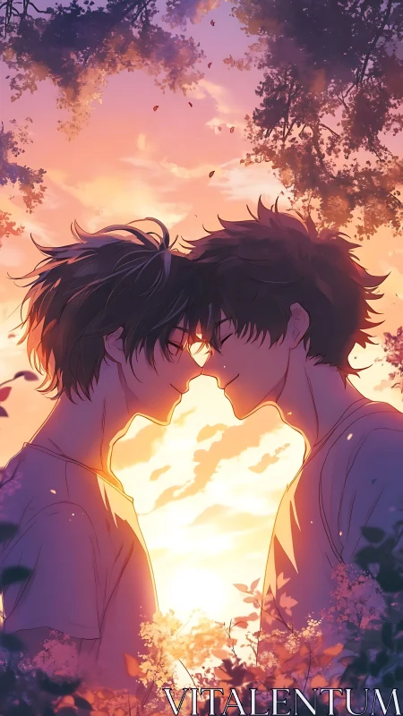 Sunset-lit boys stand forehead to forehead in blooming garden