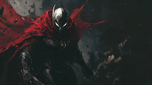 Armored dark sentinel with torn red cape in motion.