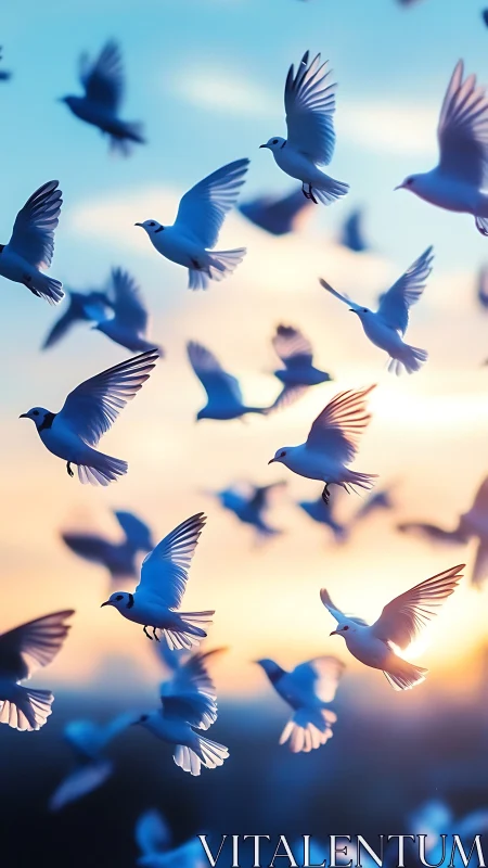 Flock of Blue Doves Flying at Sunset.