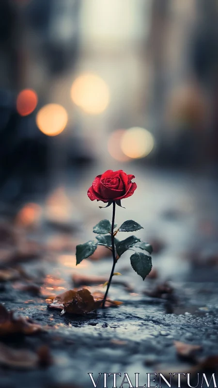 Moody shallow-focus rose study in urban bokeh environment.