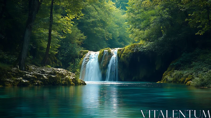 Forest waterfall over mossy rock into tranquil blue pool.