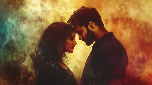 Two figures in intimate proximity with dramatic warm lighting