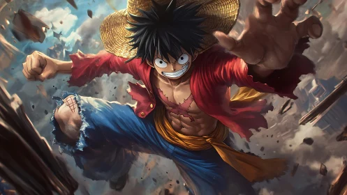 Dynamic straw-hatted fighter lunging forward through debris