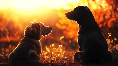 Sunlit canine silhouettes in a glowing autumn meadow.