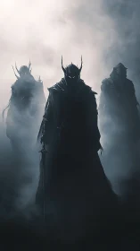Armored dark figures stand in dense backlit fog