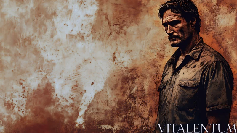 Weathered drifter broods against a rust-stained horizon wall.