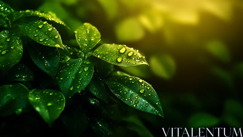 Photorealistic macro foliage with dew under golden backlight.