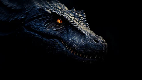 Midnight-scaled dragon smiles with one smoldering ember eye