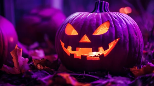 Glowing jack o lantern with sharp grin in purple light.
