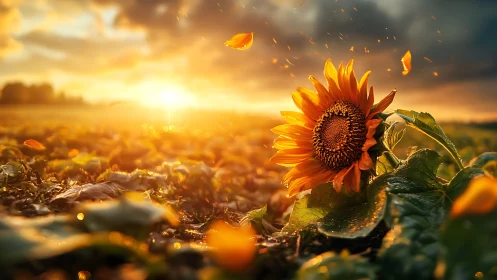 Sunflower in low field light at vivid golden sunset.