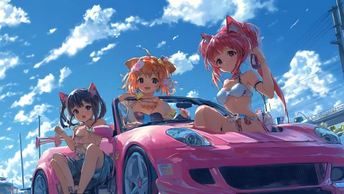 Cat-eared girls relax beside pink sports car under sky