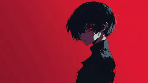 Shadowed youth gazes back with glowing red eyes and quiet power