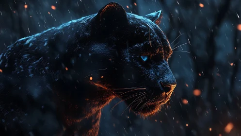 Illuminated Panther in Rainfall with Ember Accents