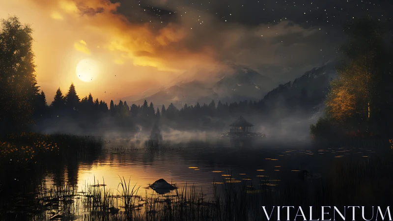 Sunlit misty lake with forest, mountains and distant gazebo