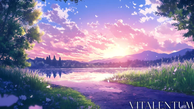 Gentle lakeside sunset wrapped in soft pastel daydreams.