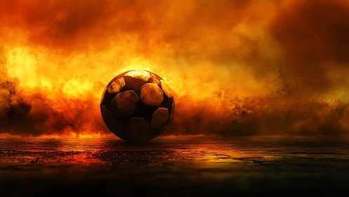 Soccer ball rests on reflective ground before dense fire cloud