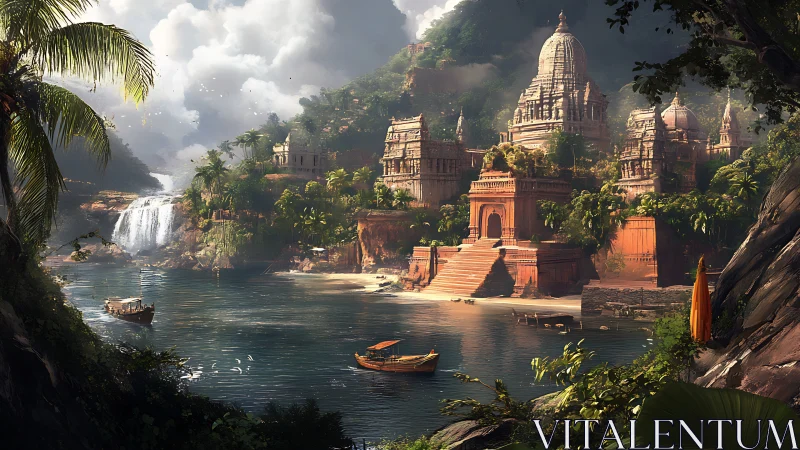 Riverside temple complex in lush tropical valley landscape.