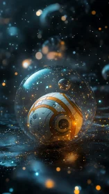 Spherical robot drifts in glowing cosmic stasis field.