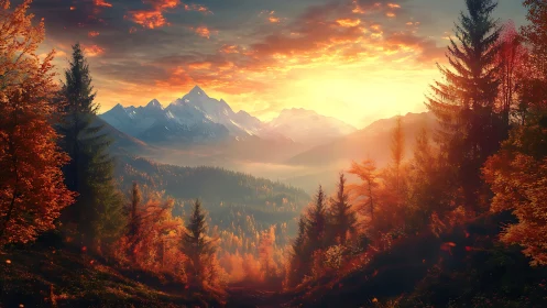 Digital painting of autumn alpine valley with radiant sunset glow.