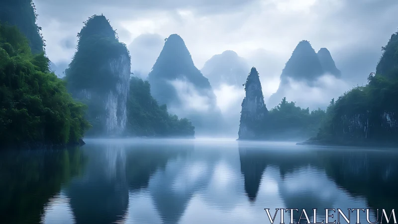 Misty karst peaks mirrored in a calm, dreamlike river.