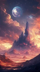 Stellar-lit obsidian spire amid incandescent alien basin.