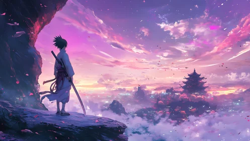 Lone samurai observes luminous sky above misty city