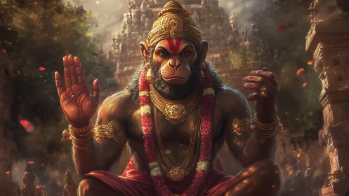 Anthropomorphic monkey deity in ornate temple environment.