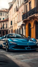 Sleek blue Ferrari roadster gleams along historic city street.