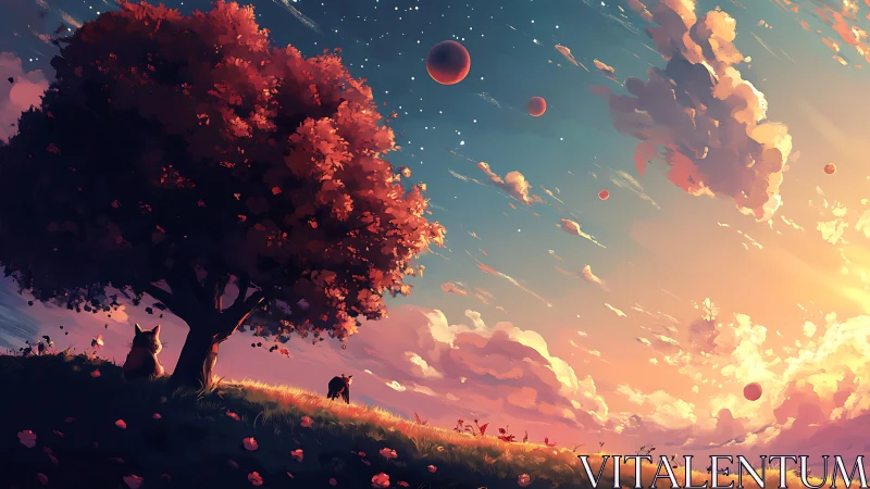 Stargazing foxes beneath a rosy dreamlit sunset sky.