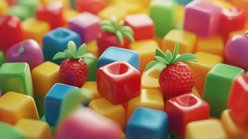 Colorful 3D strawberry candies among glossy cubes.