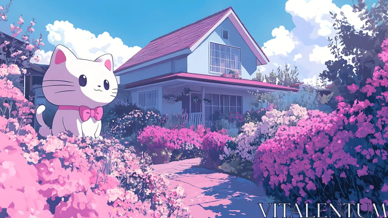 Whimsical giant cat statue in pastel suburban flower garden.