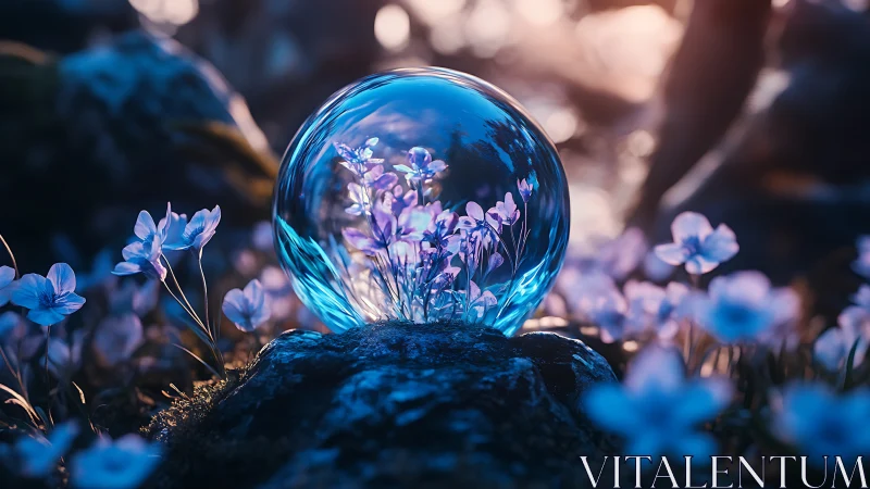 Glass forest seed cradles twilight blossoms in blue hush